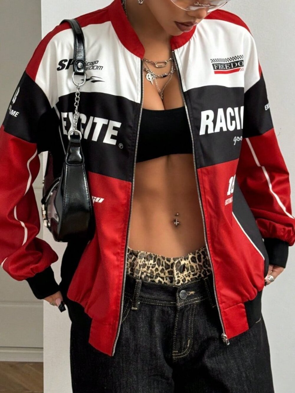 Red Casual Women's Letter Pattern Contrast Drop Shoulder Bomber Jacket